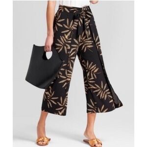 A New Day Womens XXL Black Tropical Palm Print Wide Leg Split Overlay Tie Pants